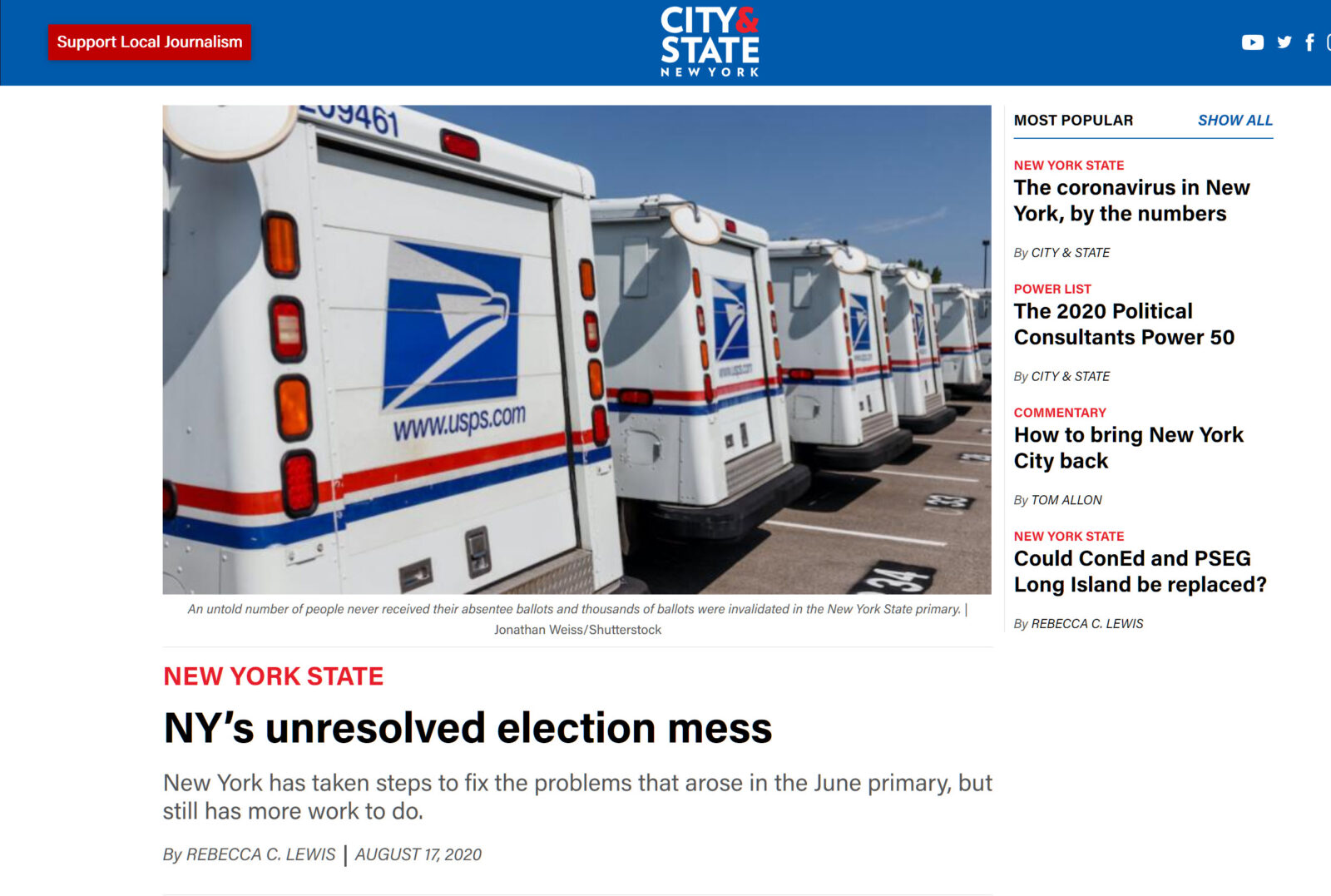 A city state website with many mail trucks parked in a row.